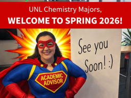 Rachelle dressed as Academic Advisor Superhero with a statement welcoming students to spring 2026!