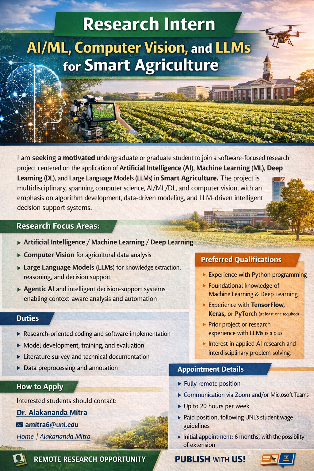 The Nebraska Water Center has an internship opportunity available for students interested in AI in agriculture.
