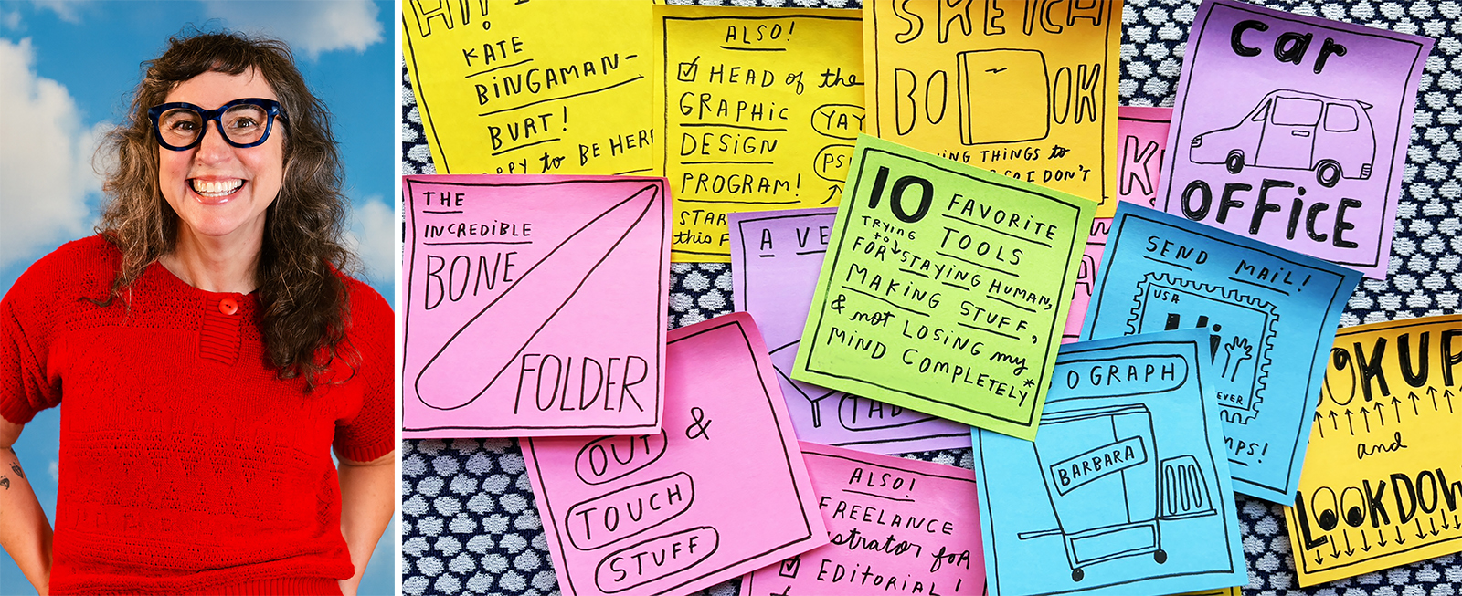 Kate Bingaham-Burt&rsquo;s &ldquo;10 Favorite Tools for Staying Human, Making Stuff and Not Losing My Mind Completely,&rdquo; Google slide, 2025, ink on Post-It notes. 