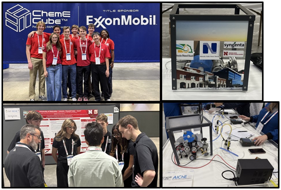 Top left photo: The UNL ChemE Cube Team; Bottom left photo: Team receiving feedback after poster presentation; Top right photo: Side profile of the cube; Bottom right photo: The cube in action during the Run segment of the competition.