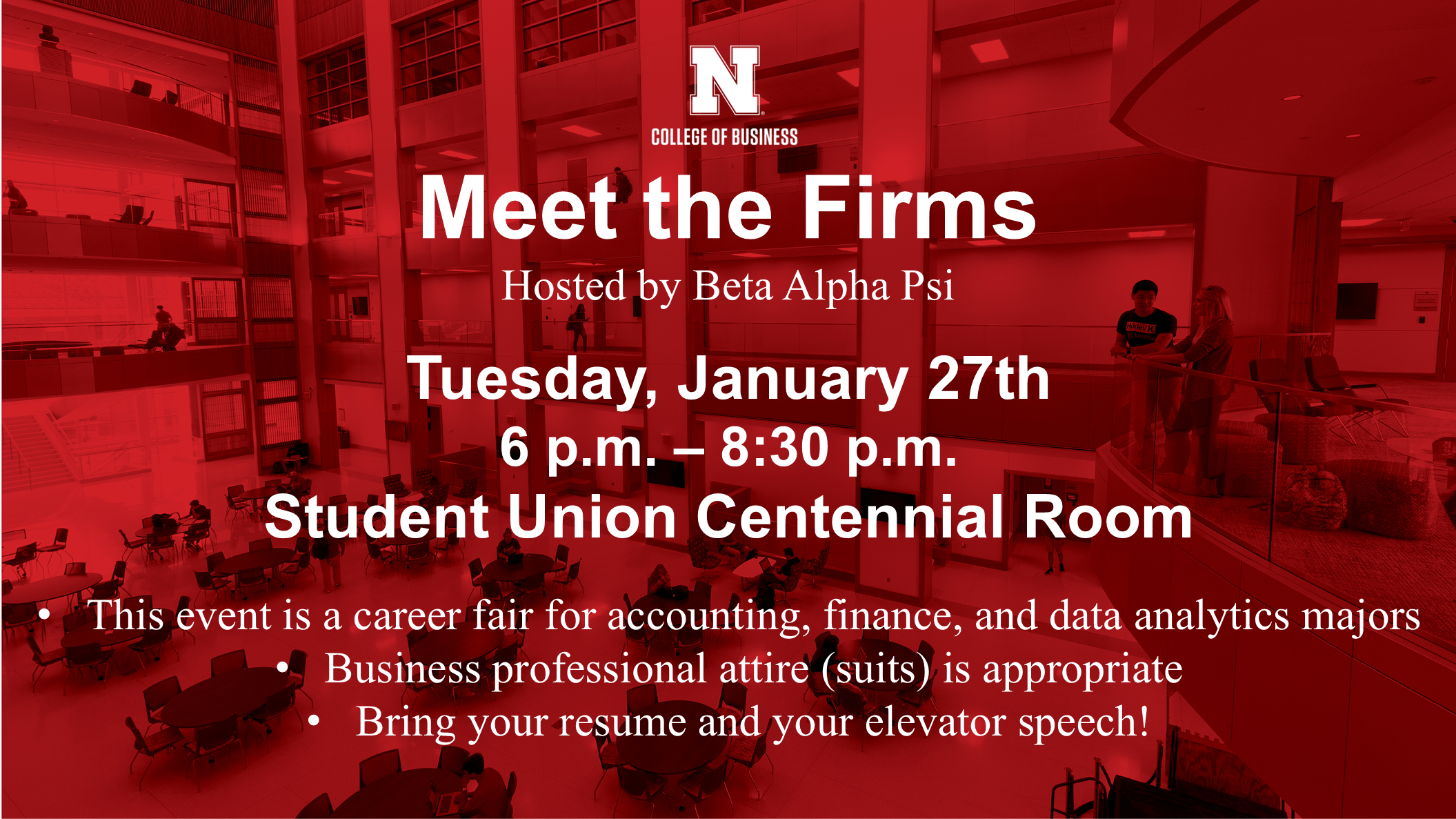 Meet the Firms | Tuesday, January 27, from 6-8:30 p.m. | Student Union Centennial Room