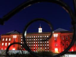 Love Library South is illuminated in red on Feb. 12, 2025, in honor of Glow Big Red &mdash; 24 Hours of Husker Giving.