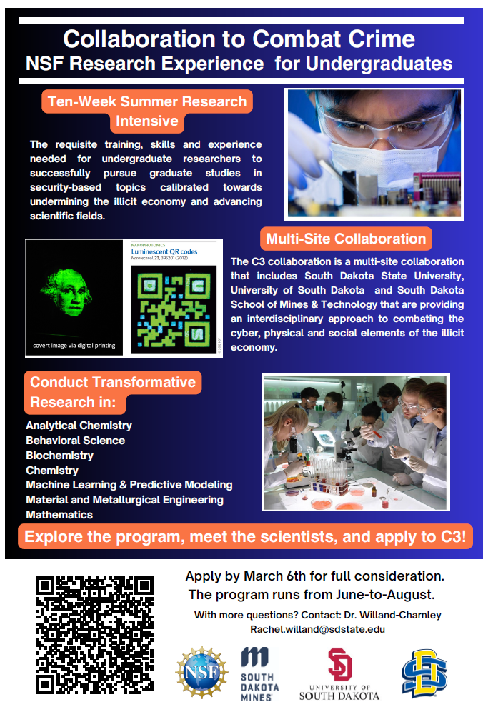 Collaboration to Combat Crime NSF Research Experience flyer with description of experience and images of students conducting labs.