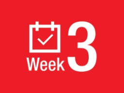 Red background with white text stating it's week three.