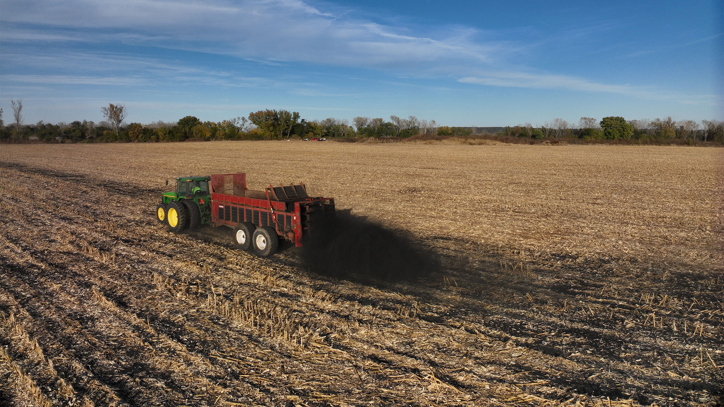  In the fall of 2025, biochar is applied to a field with corn stubble at an on-farm research network site near Plattsmouth, Nebraska. Photo by Facundo Gilardoni | Agronomy and Horticulture 