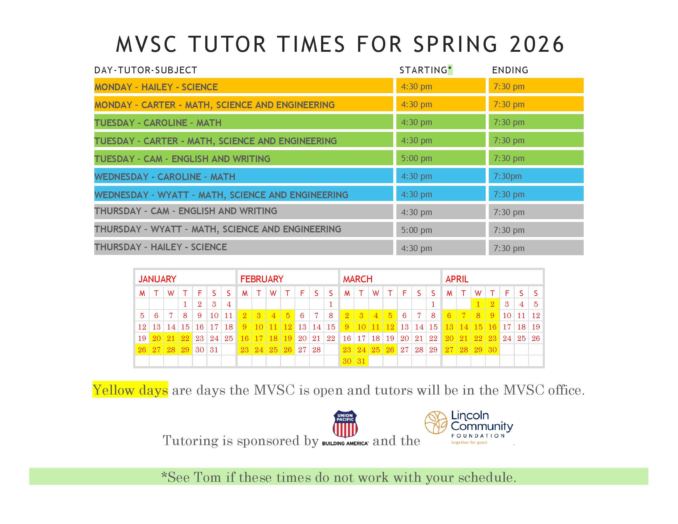 Military and Veteran Success Center Tutoring Schedule for Spring 2026