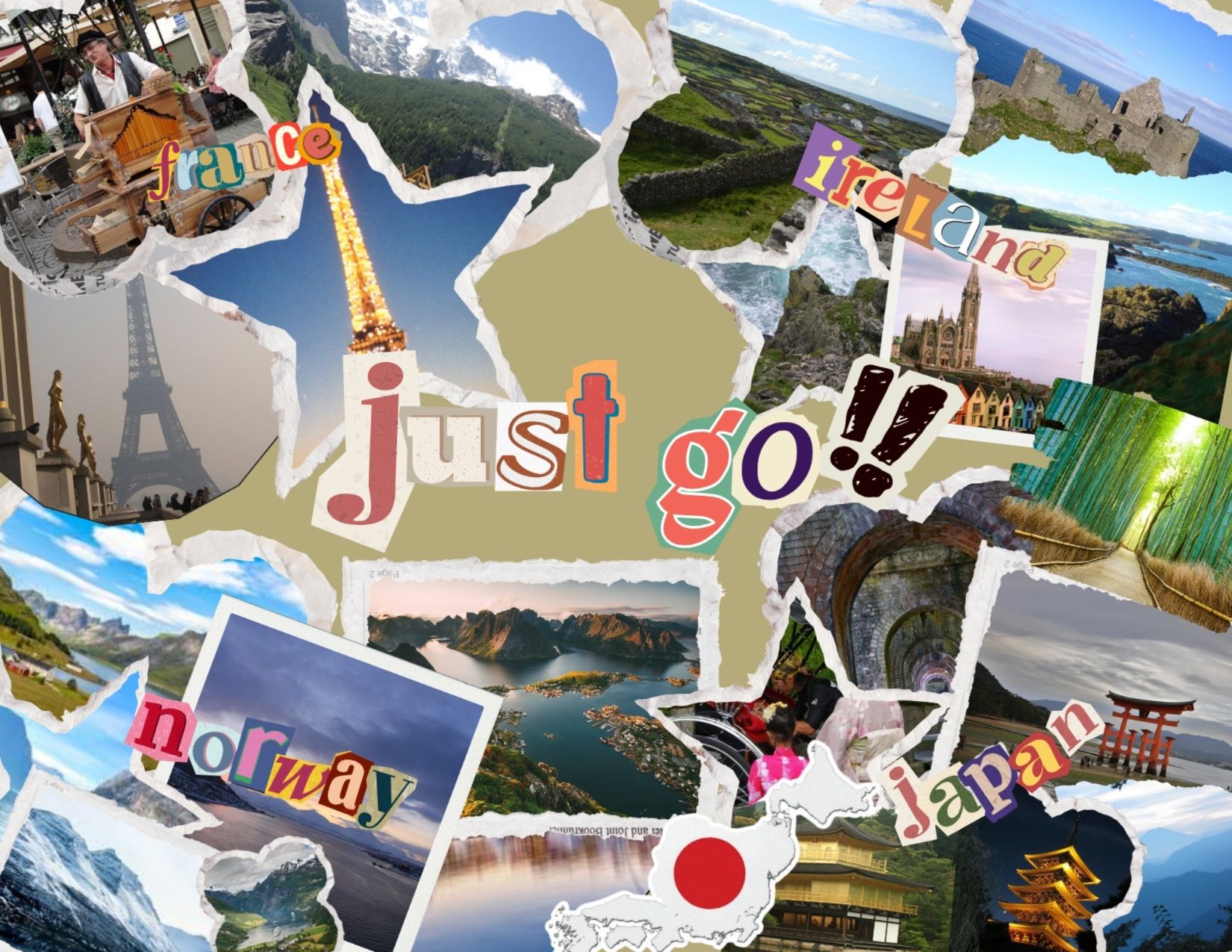 Images of France, Ireland, Norway, and Japan with the words Just Go!