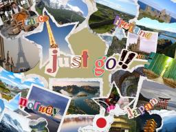 Images of France, Ireland, Norway, and Japan with the words Just Go!