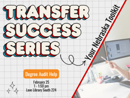 Graphic reads &ldquo;Transfer Success Series: Your Nebraska Toolkit.&rdquo; With topic &ldquo;Degree Audit Help&rdquo; Event Information &ldquo;February 25, 1-1:50pm, Love Library South room 224&rdquo;
