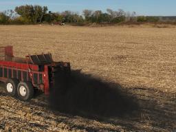 In the fall of 2025, biochar is applied to a field with corn stubble at an on-farm research network site near Plattsmouth, Nebraska. Photo by Facundo Gilardoni | Agronomy and Horticulture 