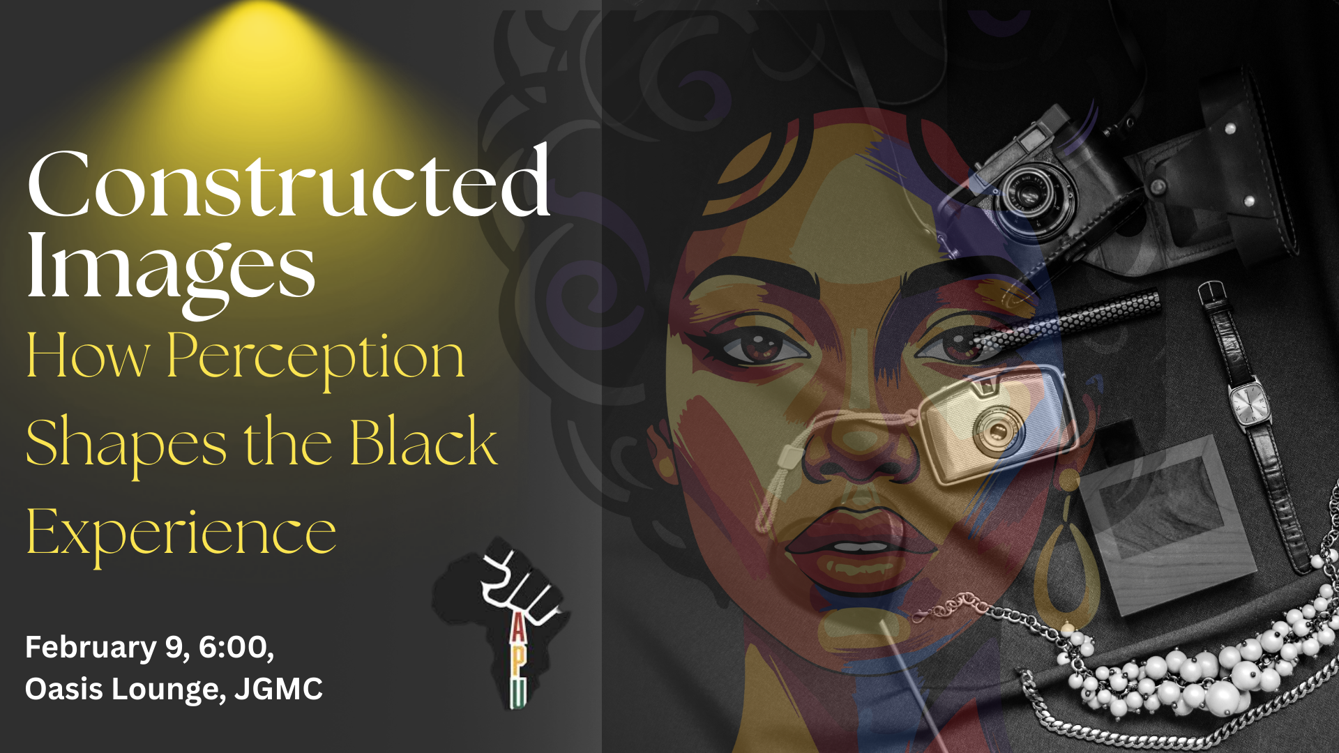 Event banner showing event title, date, time and location. 