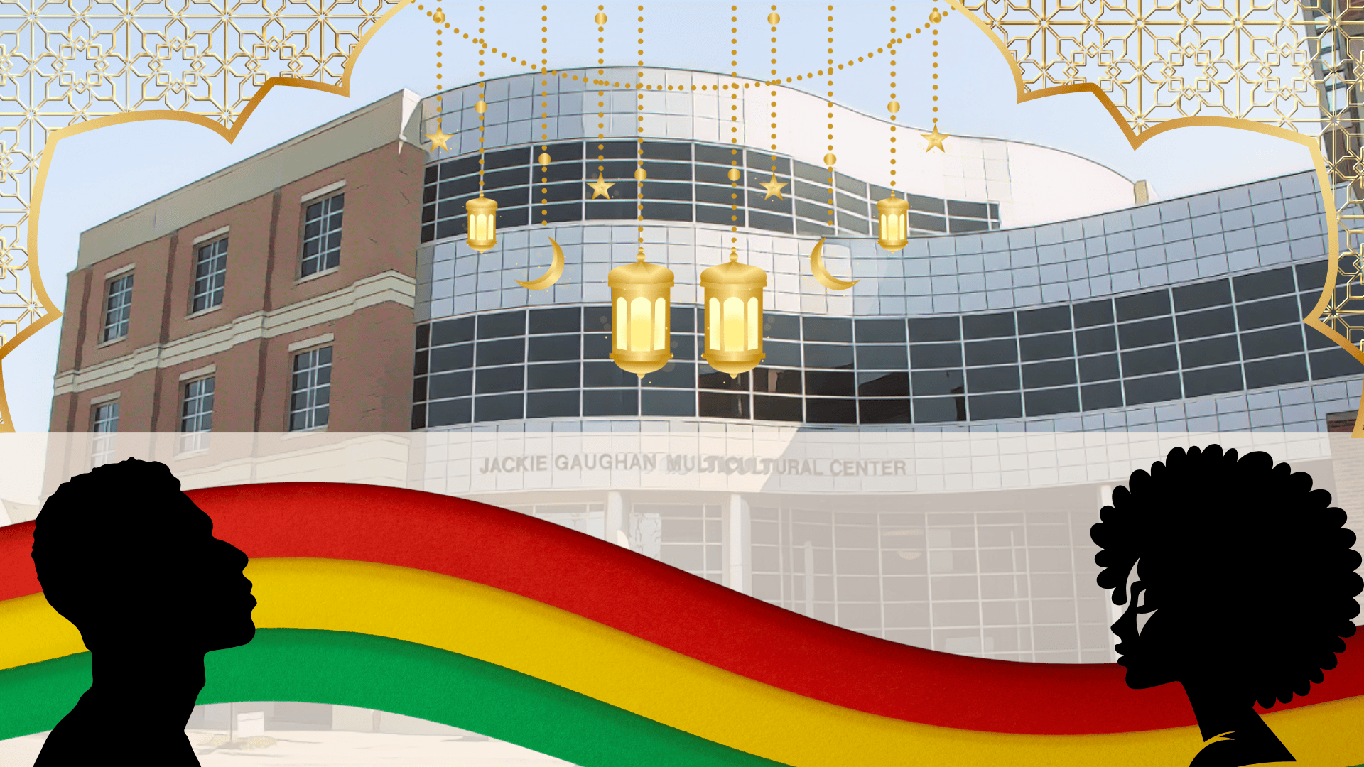 Silhouettes of African American Man and Woman with Jackie Gaughan Multicultural Building on the background 