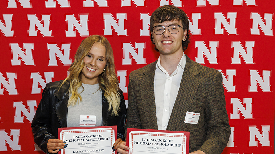 In 2024, Katelyn Dougherty (l) and Fin Rail (r) were the recipients of the Laura Cockson Memorial Scholarship. [Mike Jackson | Student Life Marketing and Communication]