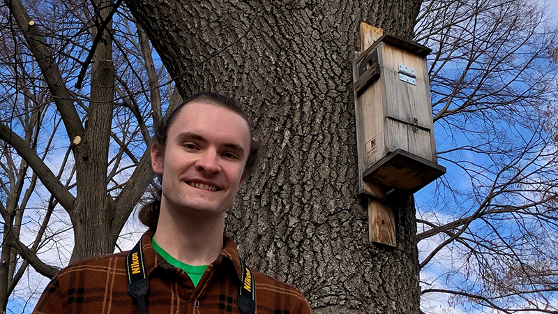 Josh Palik, a fisheries and wildlife senior, shows the nesting box near the Maxwell Arboretum on East Campus where he photographed two southern flying squirrels, a threatened species in Nebraska. 