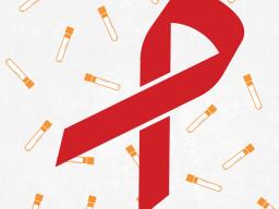 A red ribbon for HIV/Aids awareness lays in the foreground. On the grey background are test tubes.