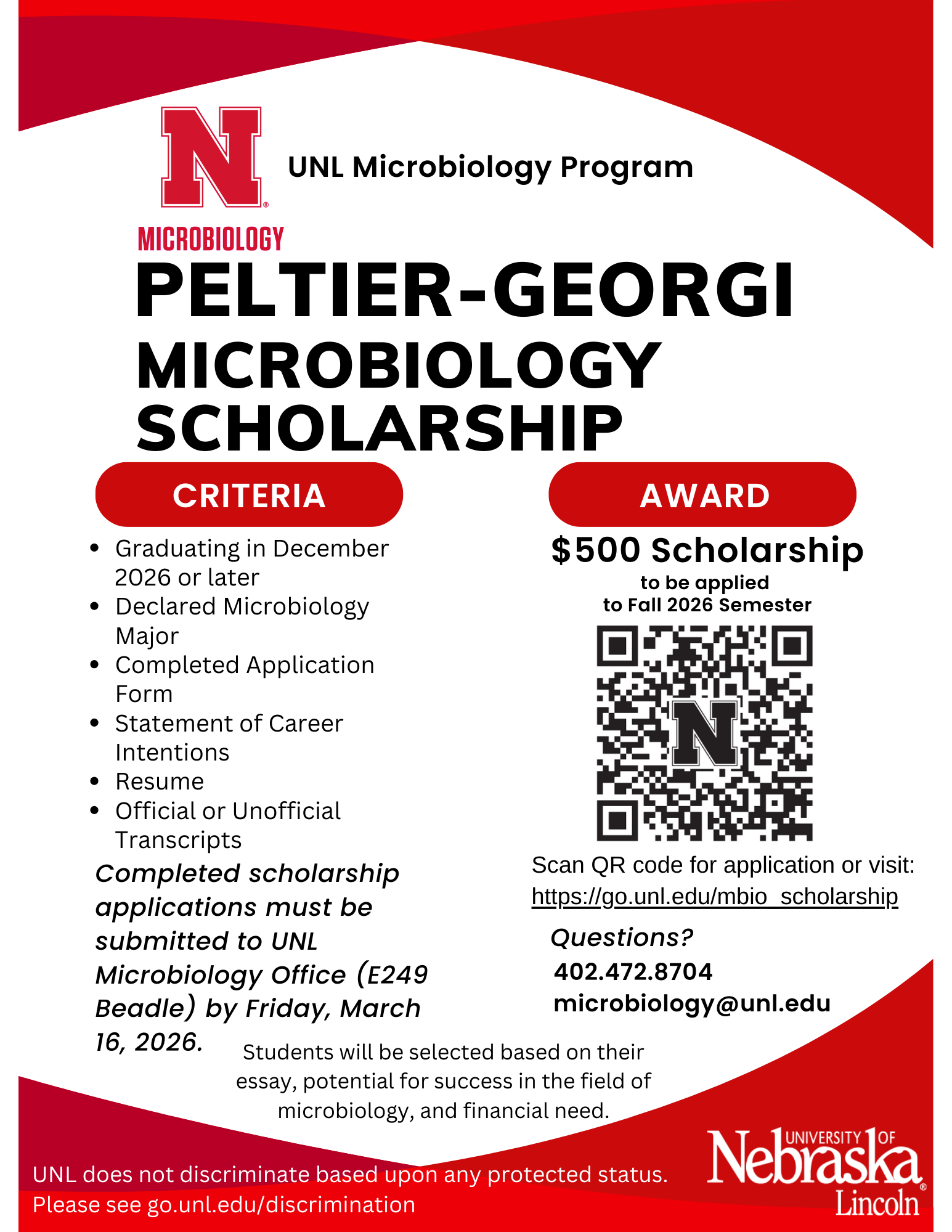 Peltier-Georgi Microbiology Scholarship - Due March 16, 2026