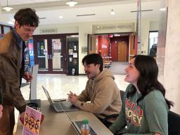 Charlie Krug and Sophia Rojas, student ambassadors, answer other students&rsquo; questions in the School of Natural Resources.
