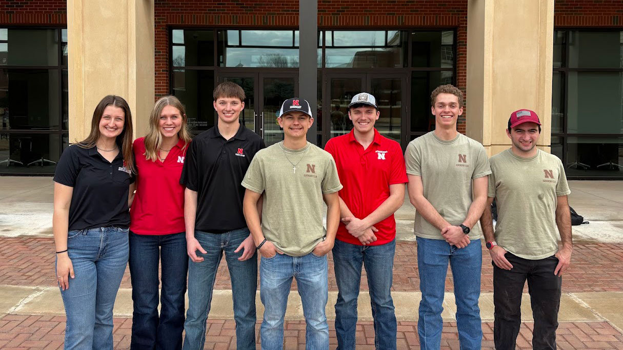 UNL Crops Judging Team members (from left) Maddie Weber, Abby Frank, Clinton Turnbull, Alex Banzhaf, Xavier Ettwein, William Pirak and Ryan Groff stand in front of Agricultural Hall at Oklahoma State University Feb. 14. Photo courtesy Garrett Kuss