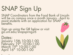 Flyer describing when SNAP sign up coordinators will be on campus. Includes a QR code.