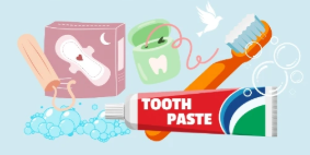 A light blue background with various hygiene products in front such as a tampon, a box of menstrual pads, a pack of floss, a toothbrush, and toothpaste.