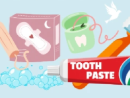 A light blue background with various hygiene products in front. 