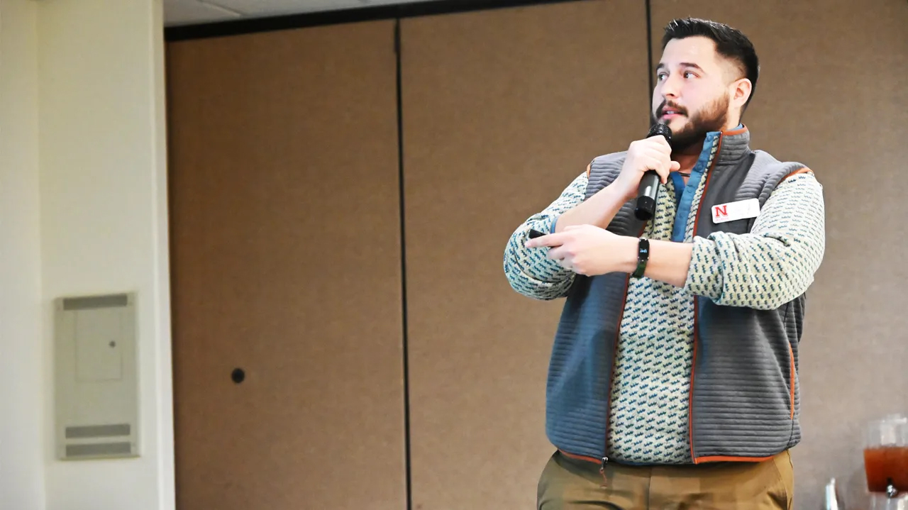Joshua Villazana, coordinator of the UNL Pesticide Safety Education Program, presents important information about spraying safely to farmers looking to apply for their pesticide applicator license at the 2026 UNL Crop Production Clinic. Elizabeth Hodges
