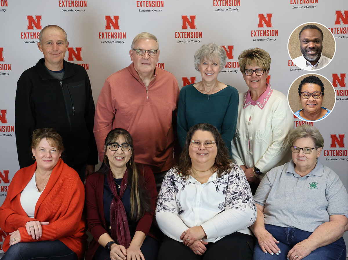 (Front row L&ndash;R) Teresa Erdkamp, Zainab Rida, Nicole Miller, Marsha Prior; (back row L&ndash;R) Mike Gropp, Phil Tegeler, Kim Klein, Tracy Gordon;  (inset photos) Phil Bruce, Regina Sullivan