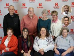 (Front row L&ndash;R) Teresa Erdkamp, Zainab Rida, Nicole Miller, Marsha Prior; (back row L&ndash;R) Mike Gropp, Phil Tegeler, Kim Klein, Tracy Gordon;  (inset photos) Phil Bruce, Regina Sullivan