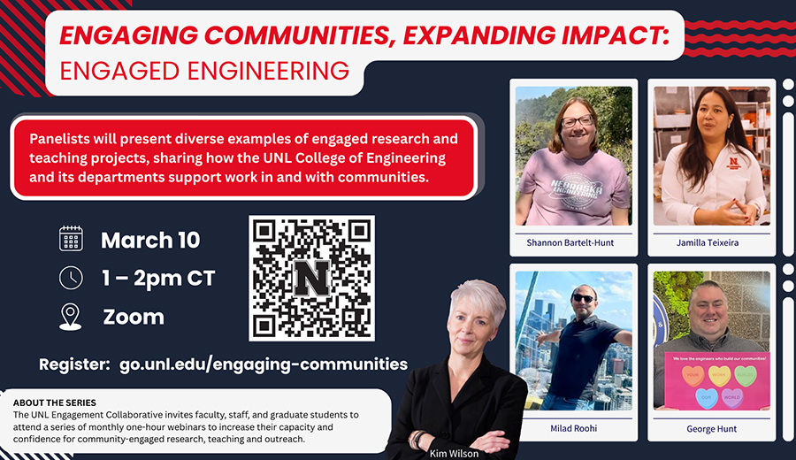Join five Nebraska Engineering panelists for the discussion, "Engaging Communities, Expanding Impact: Engaged Engineering," Tuesday, March 10, from 1-2 p.m. on Zoom.