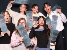 School of Art, Art History & Design graphic design students celebrate winning Addy Awards at the Creative Nebraska Awards. Clockwise from upper left: Abigail Bubak, Clare Clark, Pattara Rujirayanyong, Tiffany Nguyen, Caylie Anker and Natalie Allrich.