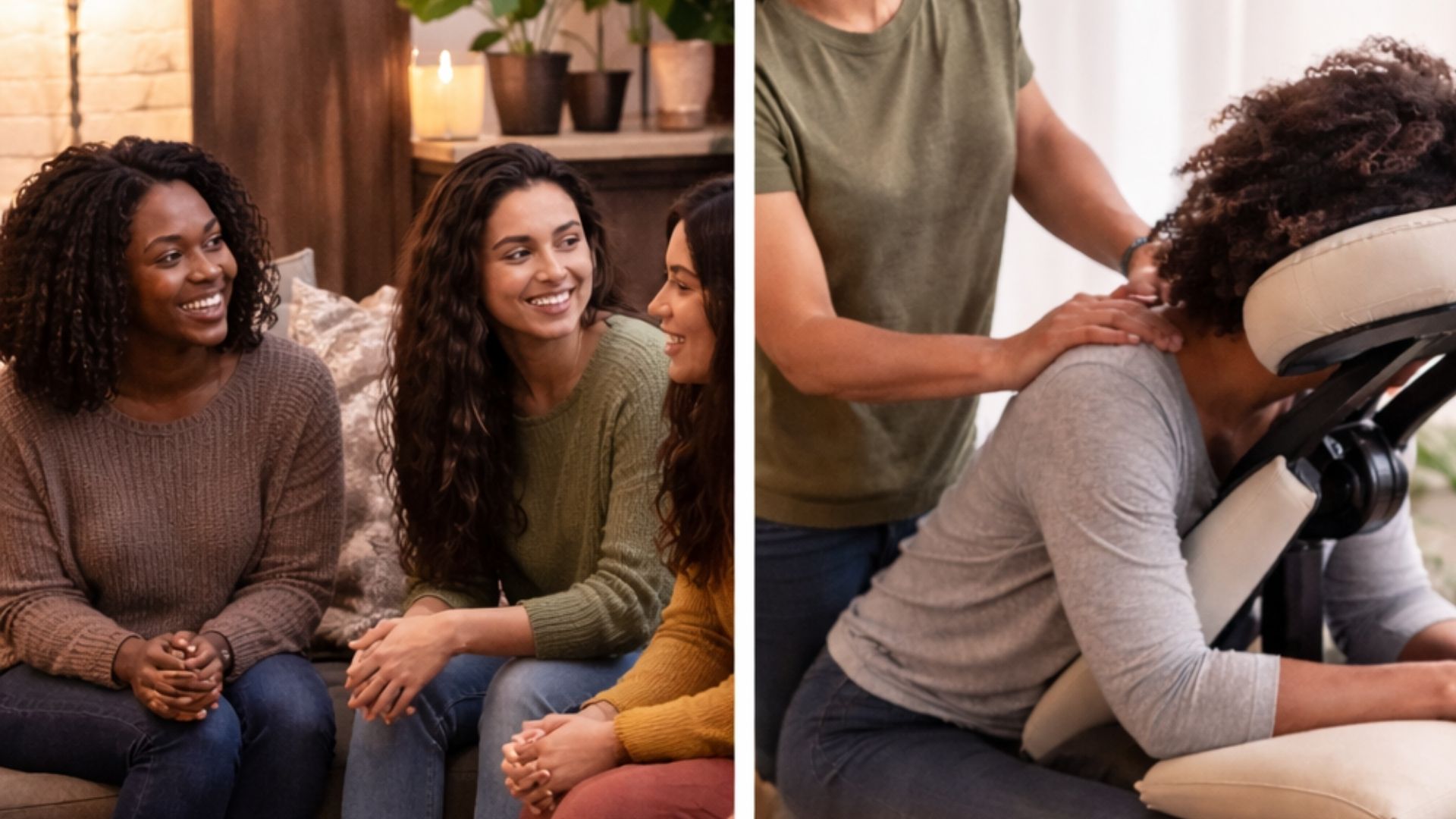 Photos featuring women over a conversation and chair massage