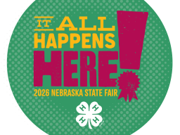4-H State Fair button design with the text "It all happens here!" on it on a 4-H green background and the 4-H Clover underneath it.