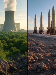 Picture of a nuclear power plant and also nuclear weapons