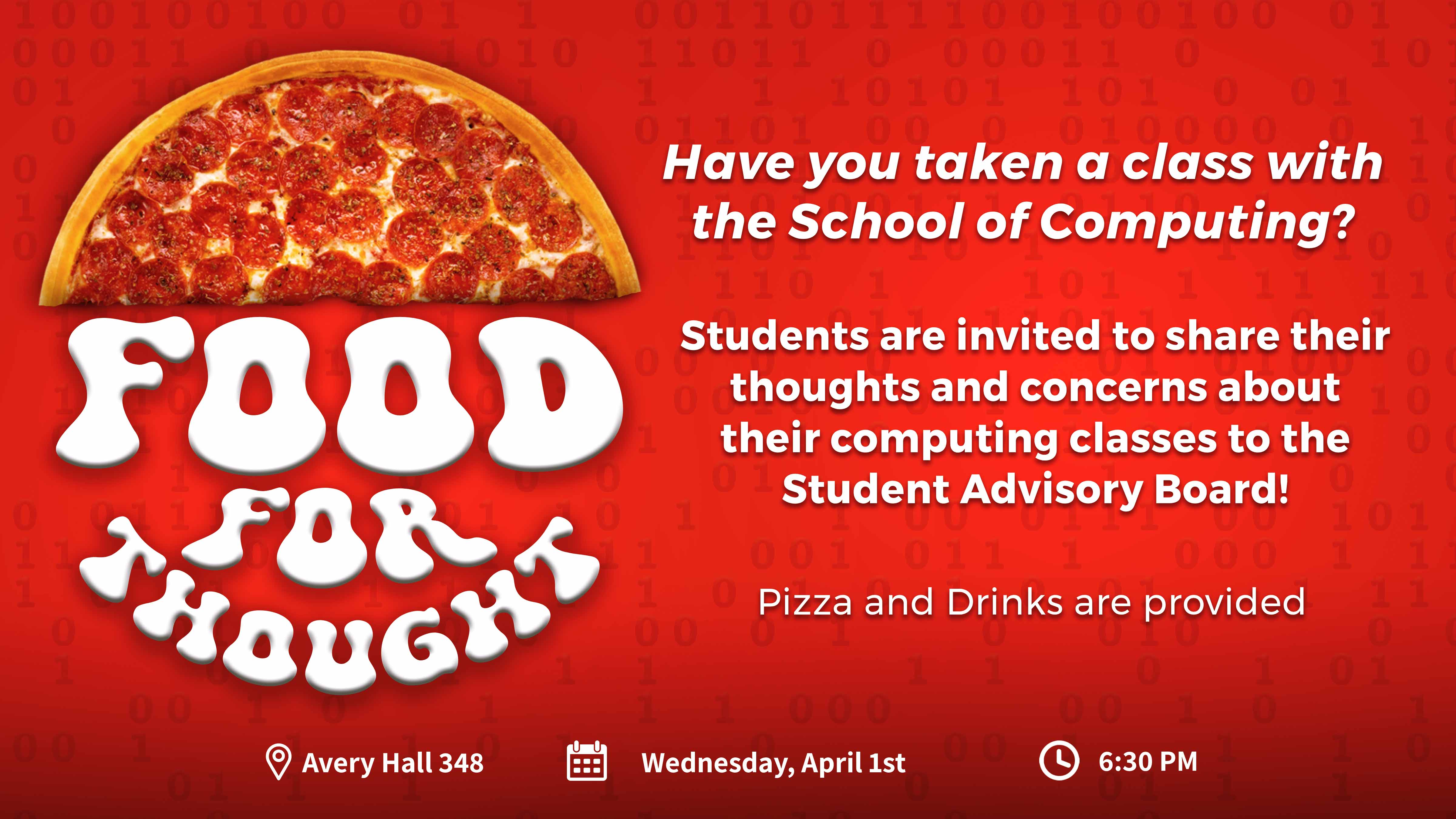 Come and grab a slice of pizza on April 1 at 6:30!