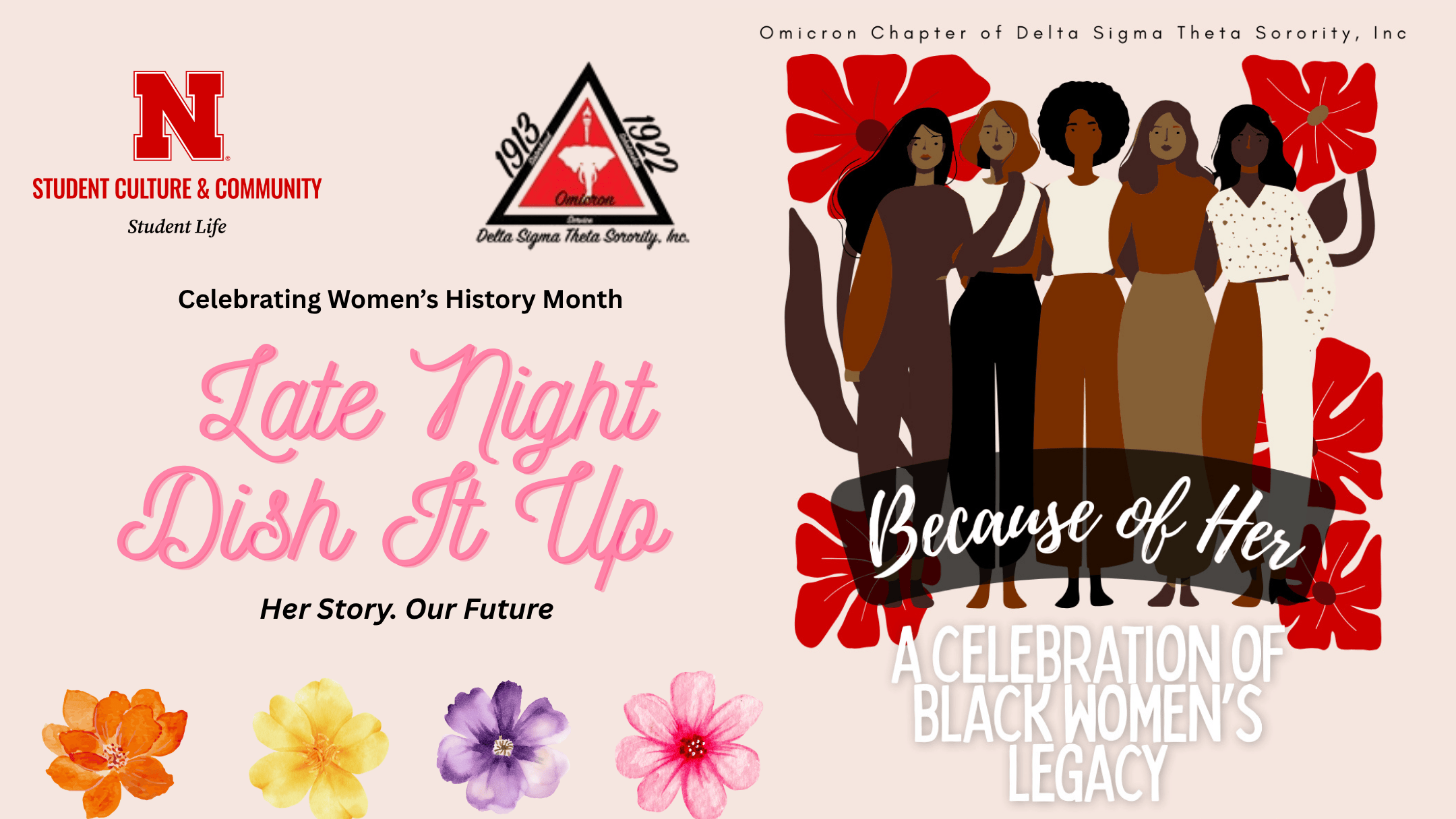 Event flyer featuring event title and a group of women of color standing together. 