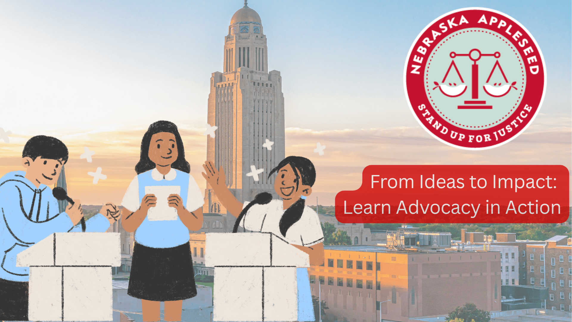 Illustrative image of young school students engaging in speaking activity and the text: From Ideas to Impact: Learn Advocacy in Action". 