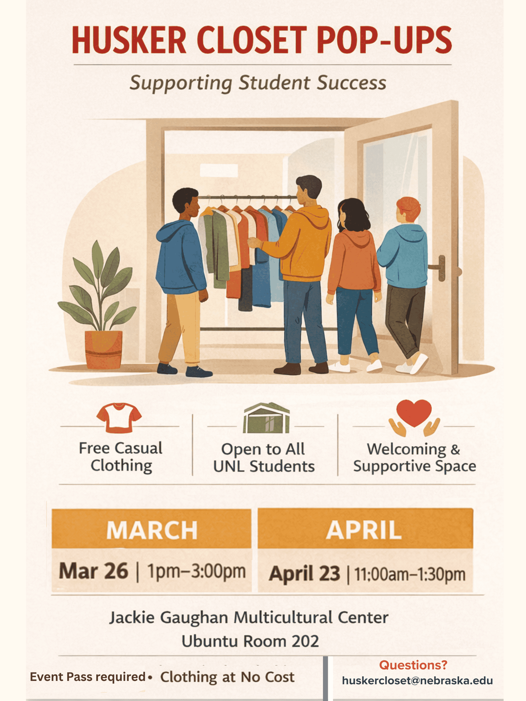 Event poster featuring illustrative students checking a pop-up closet. The image also includes dates and the location of the Husker Closet pop-up events. 
