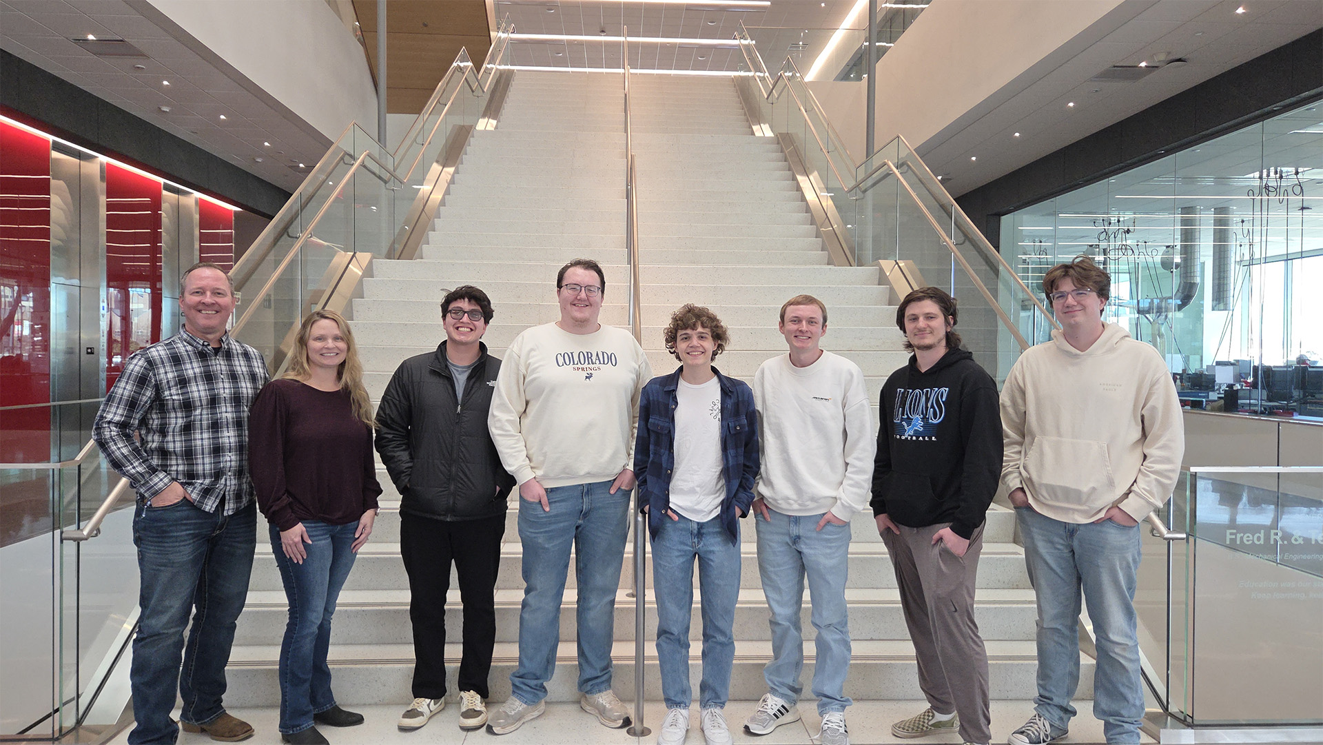 The Career Explore XR team (from left to right): Jeff Falkinburg, Britney Falinburg, Will Bernal, Sean Casey, Colman Scharff, Tyson Veik, Noah Russell, and Burke Groenjes.