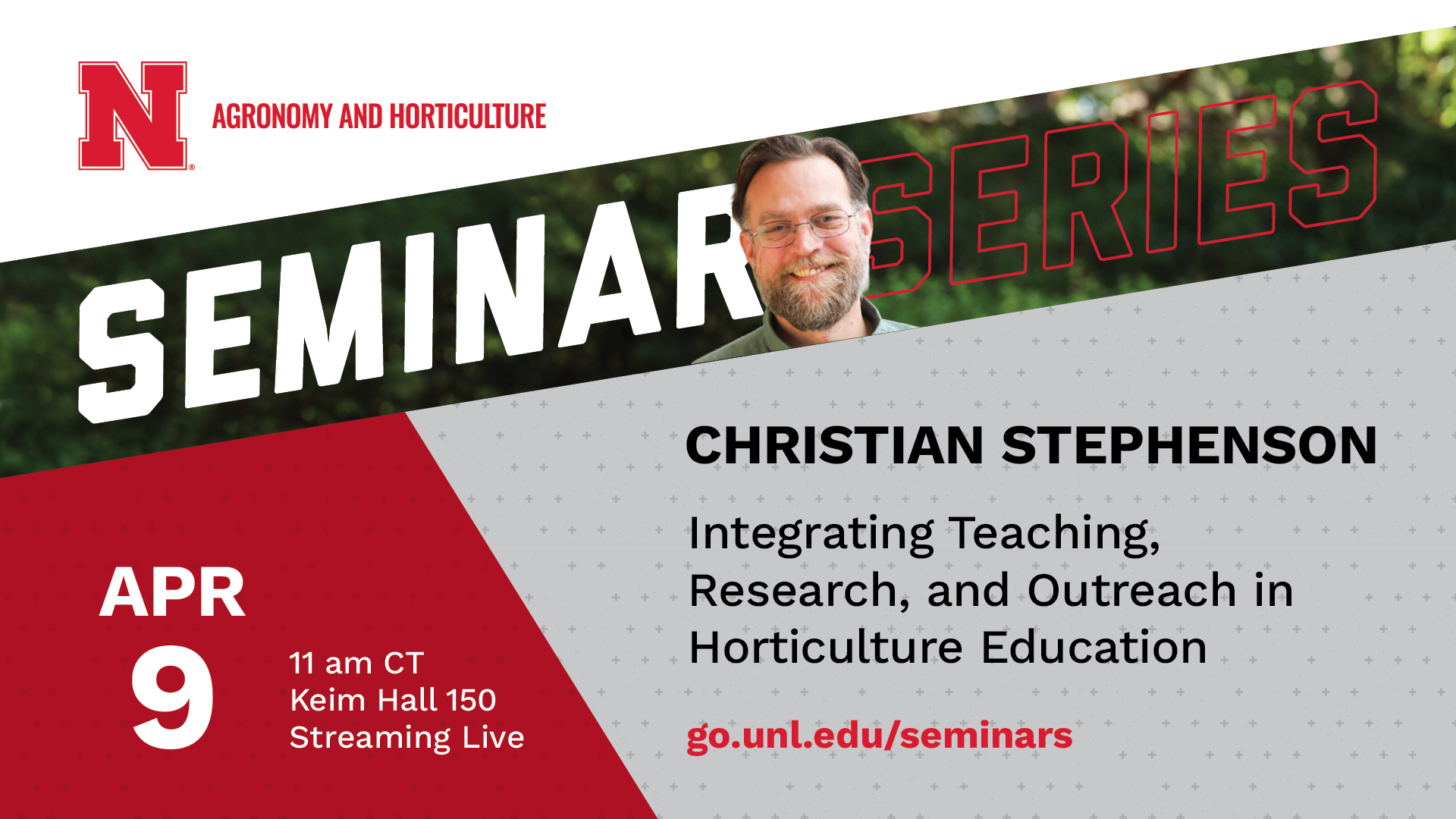 Christian Stephenson's seminar will be on April 9 at 11 a.m. CDT in Keim Hall, Room 150.