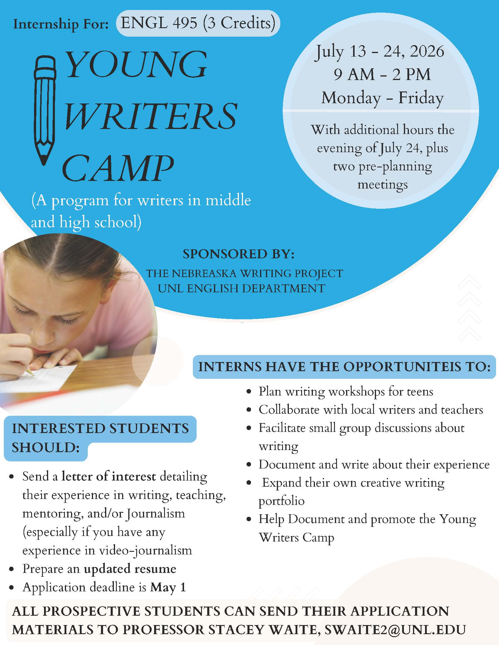 text describing application requirements for the Young Writer's Camp internship.