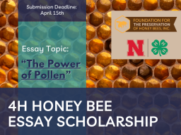 Foundation for the Preservation of Honey Bees' 4-H Honey Bee Essay Scholarship. Submission deadline April 15. Essay topic: The Power of Pollen. 