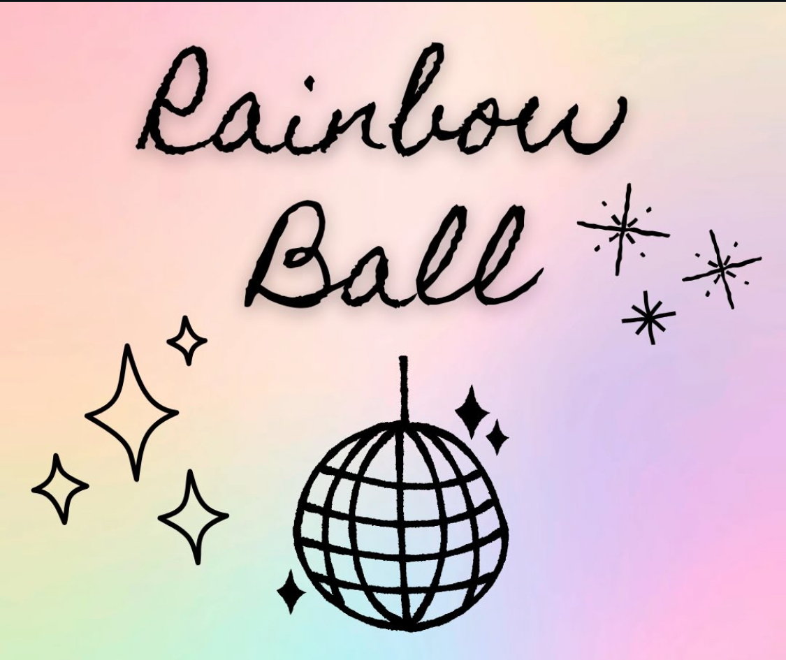 A rainbow ombre background with black, cursive text at the top which reads "Rainbow Ball." A drawn disco ball with sparkles around it is below the text.