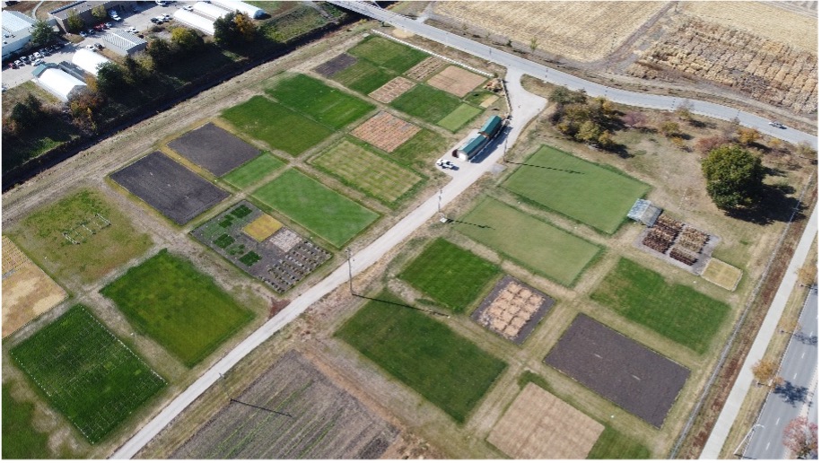 Aerial view of research plots at East Campus Turfgrass Research Center in Lincoln, Nebraska.