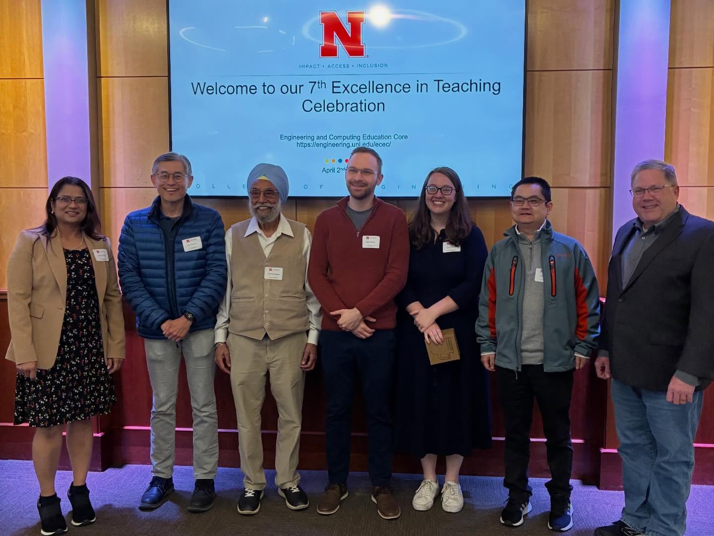School of Computing faculty at the Excellence in Teaching Celebration (from left to right): Bonita Sharif, Leen-Kiat Soh, Jitender Deogun, Seth Polsley, Alisha Bevins, Qiuming Yao, and Chris Bohn.