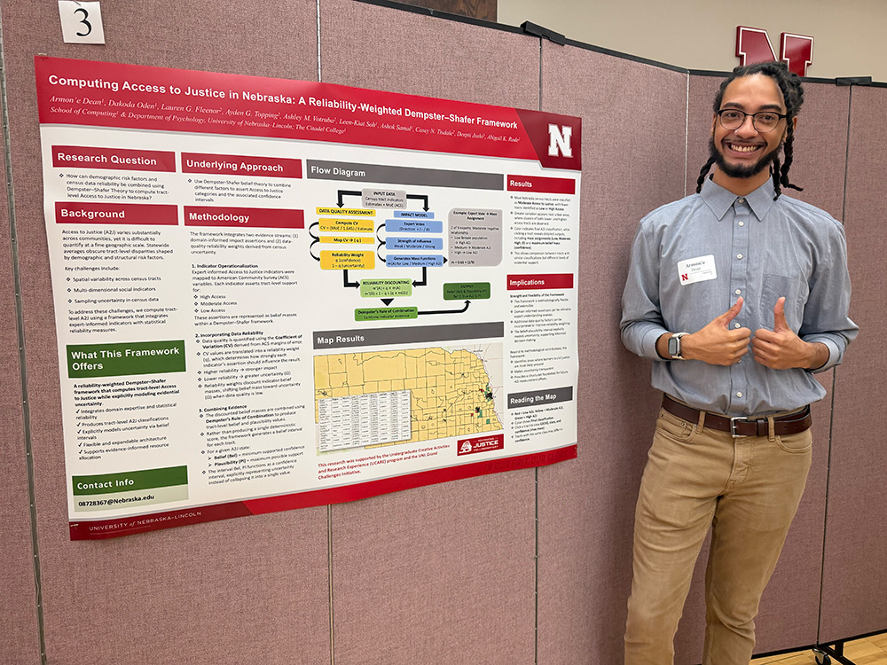 Armon'e Dean poses with his poster at the Student Research Days Undergraduate Poster Session and Creative Exhibition.