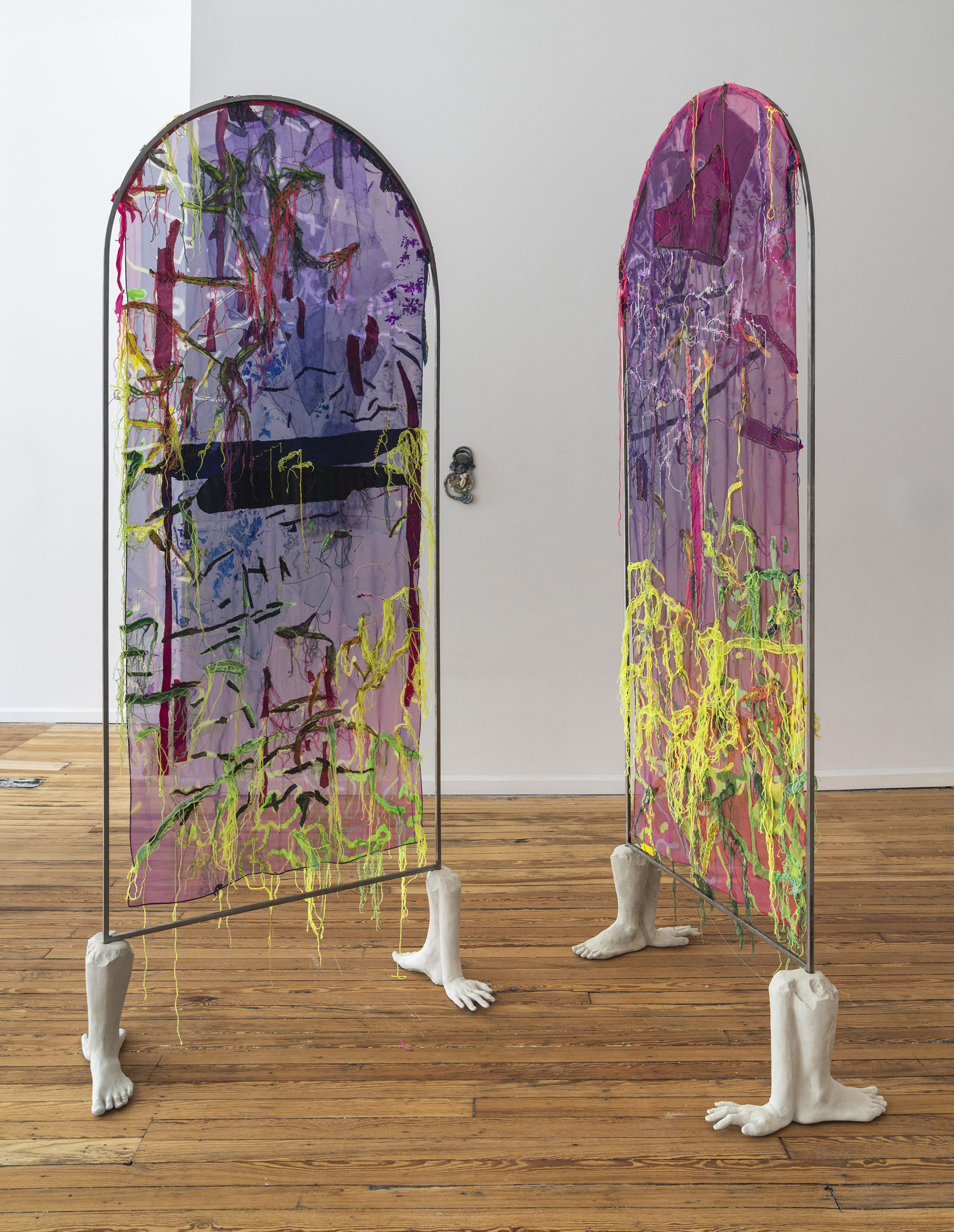 Sara Jimenez, &ldquo;Allegory of Continents&rdquo; (solo exhibition), 2025, textiles, cement, steel, ceramic, dimensions variable. 