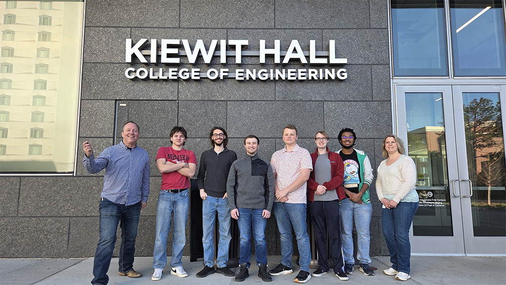 The Husker STEM VR team (from left to right): Jeff Falkinburg, Owen Kreikemeier, Preston Smith, Koen Dietrich, Griffin Schroeder, Owen Robb, Tyrese Walker, and Theresa Krupicka.