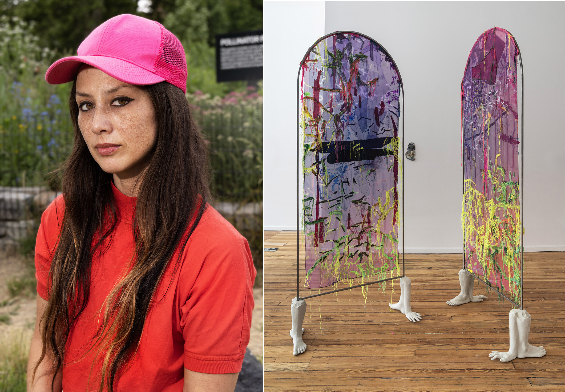 Left: Sara Jimenez. Right: Sara Jimenez, &ldquo;Allegory of Continents&rdquo; (solo exhibition), 2025, textiles, cement, steel, ceramic, dimensions variable.