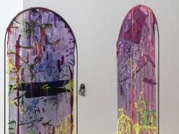 Left: Sara Jimenez. Right: Sara Jimenez, &ldquo;Allegory of Continents&rdquo; (solo exhibition), 2025, textiles, cement, steel, ceramic, dimensions variable.