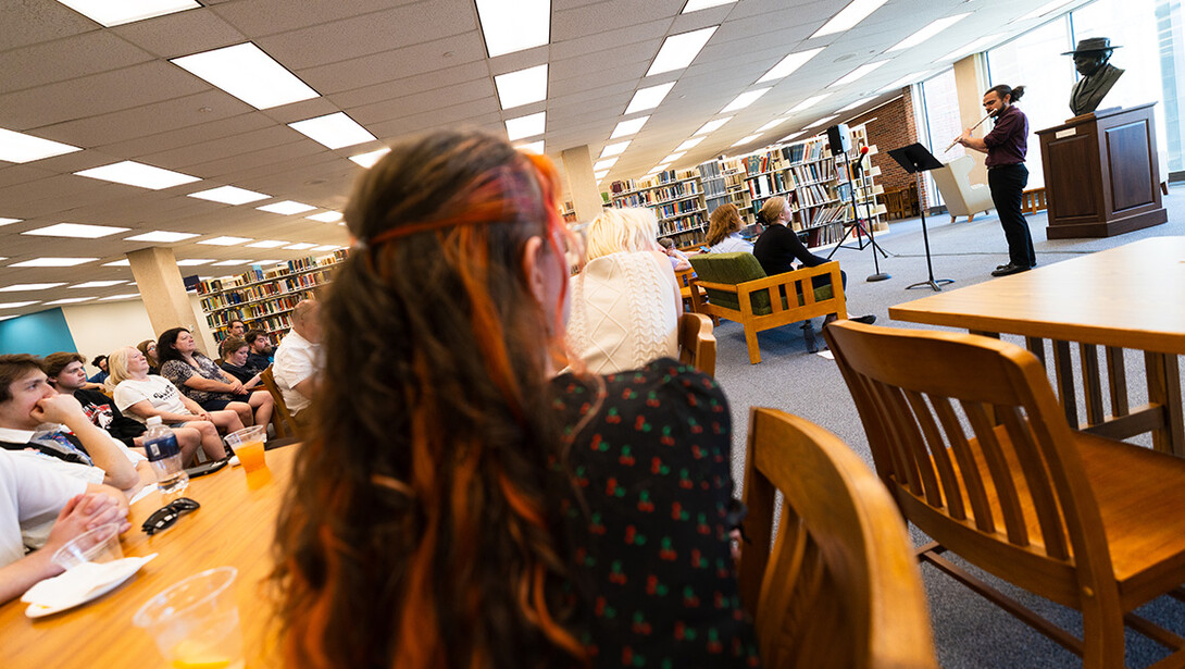  Cyrus Zgud, a sophomore music education major, performs a composition written by Nate Buettner, a sophomore studying music composition. Photo by Liz McCue, University Communication and Marketing.
